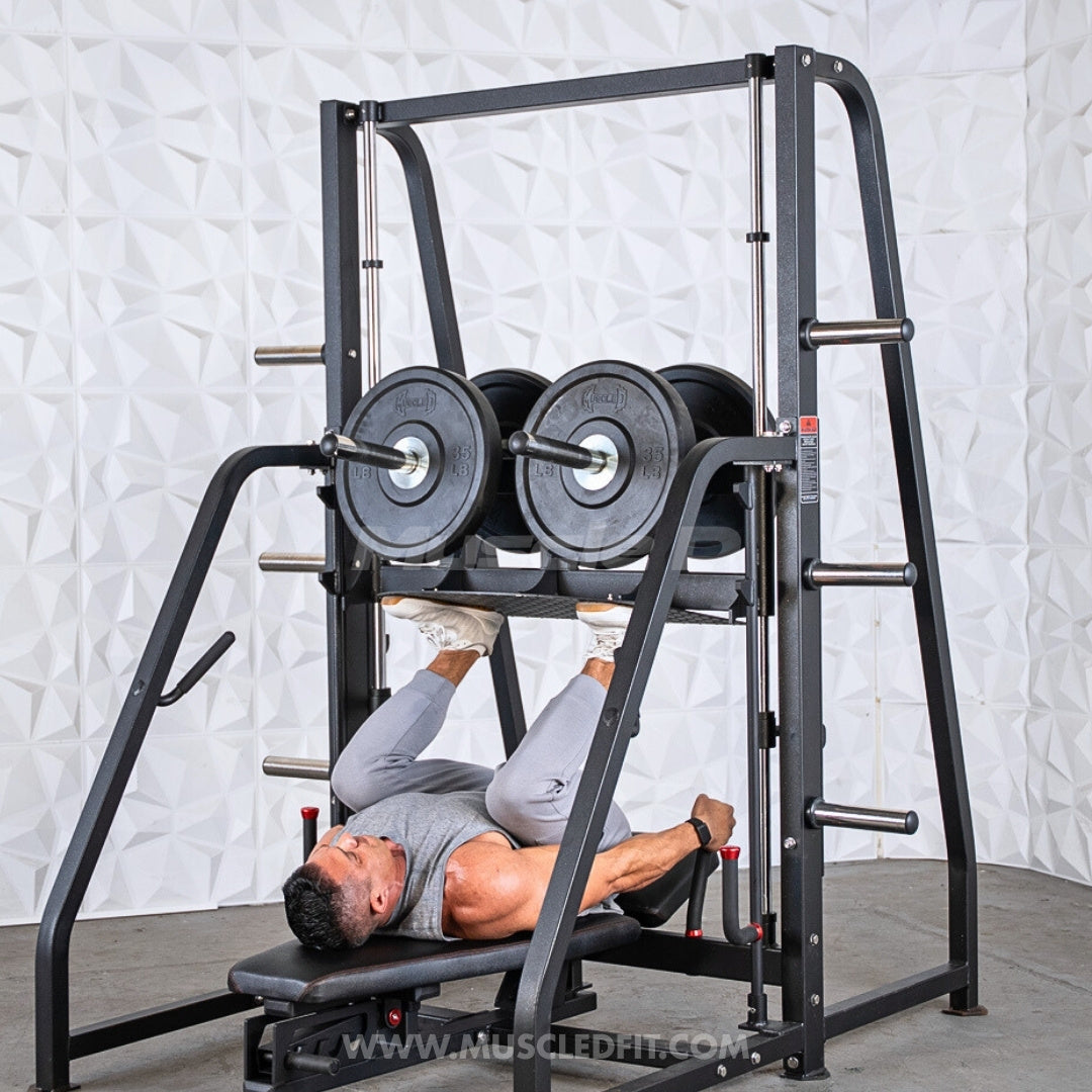 Person using an Excel Vertical Leg  Press machine in a gym setting