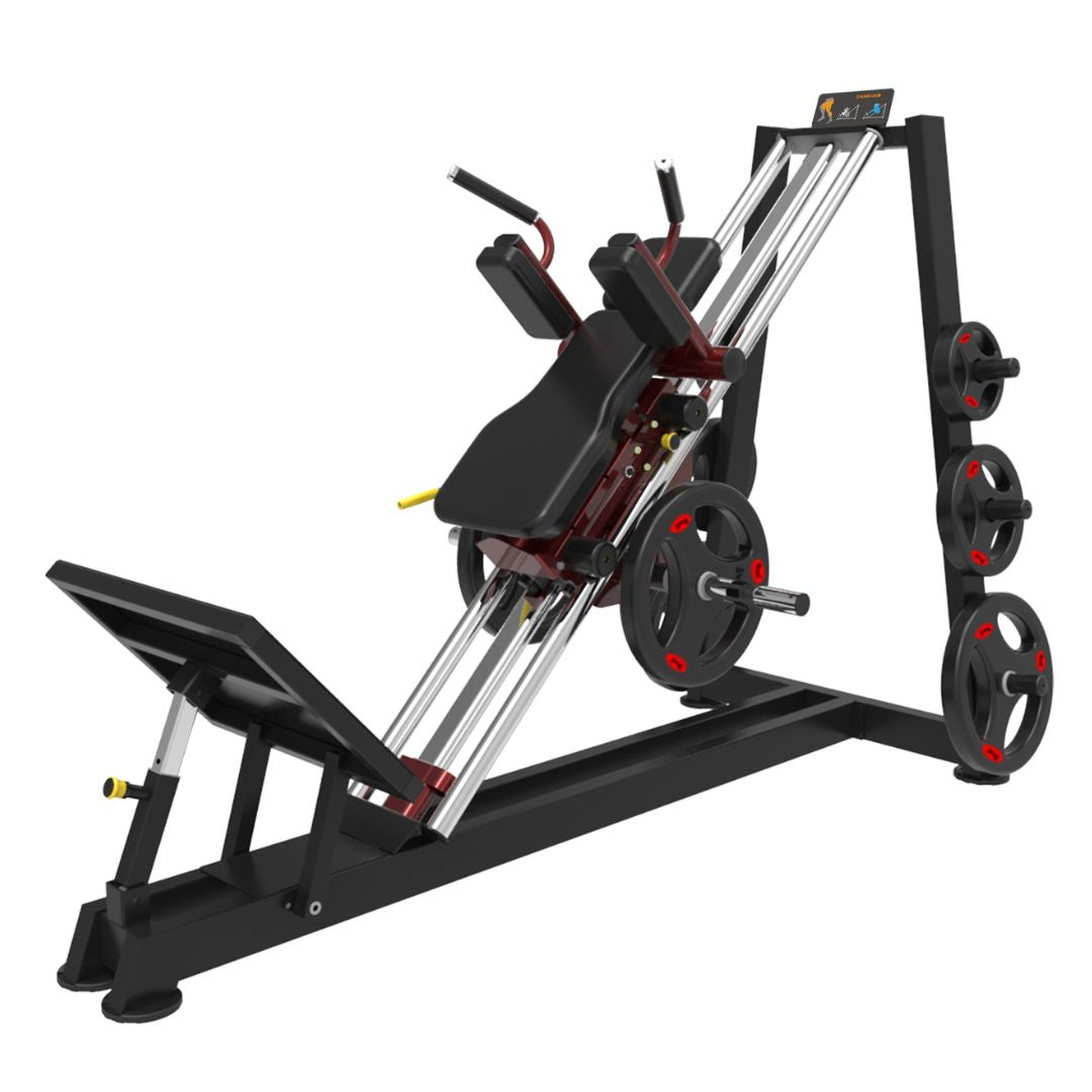 muscle d fitness commercial plate loaded power leverage v2 45 degree hack squat machine with maroon and black finish and weight storage