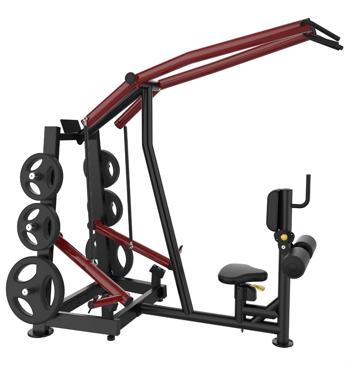 muscle d fitness commercial plate loaded power leverage v2 multi-grip lat pulldown/high row machine with maroon and black finish and weight storage
