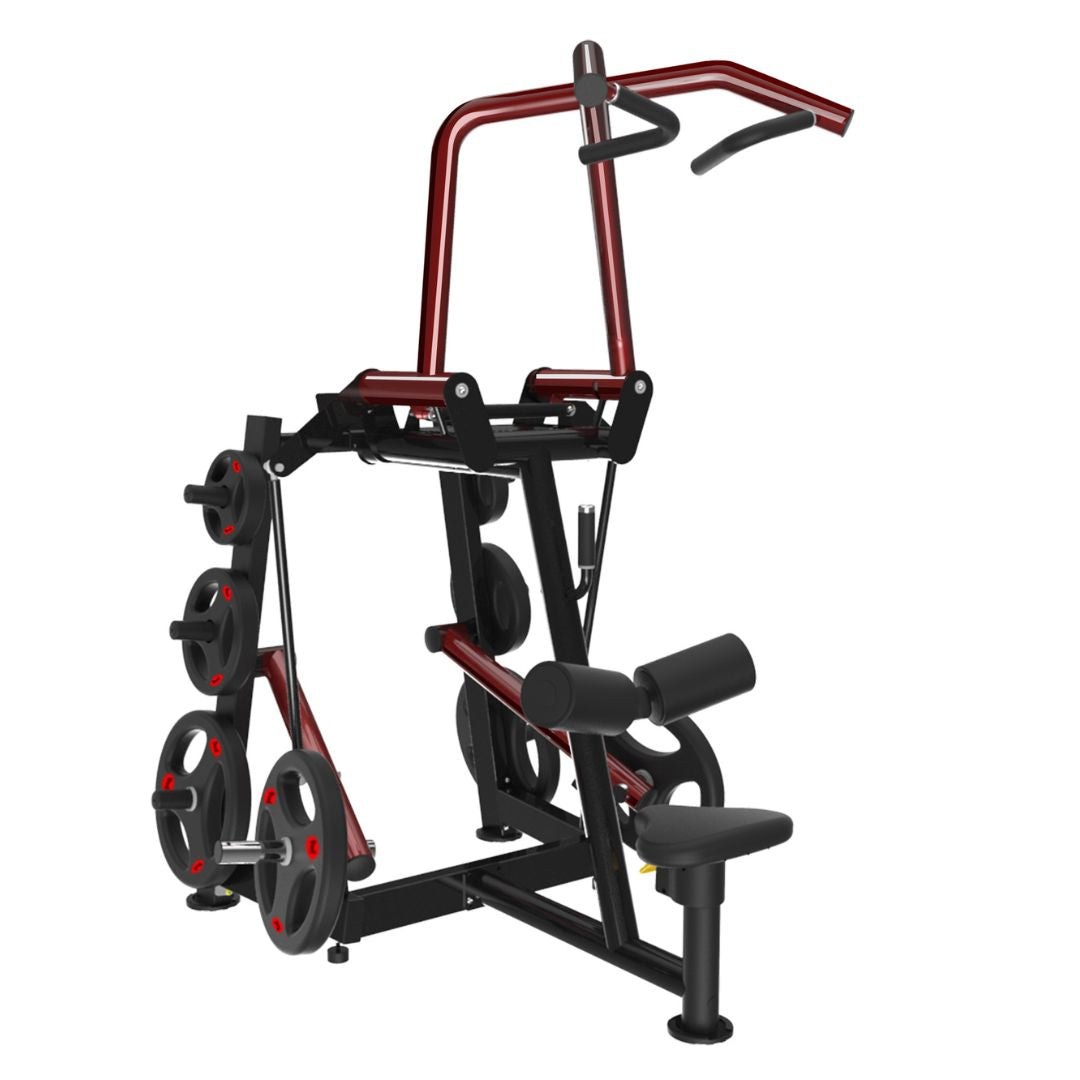 muscle d fitness commercial plate loaded power leverage v2 rotary lat pulldown machine with maroon and black finish and weight storage