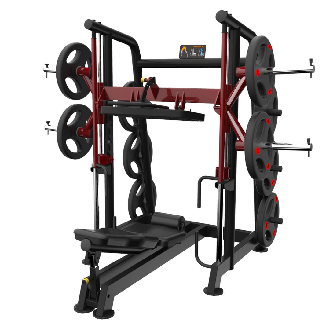 muscle d fitness commercial plate loaded power leverage v2 vertical leg press machine with maroon and black finish and weight storage