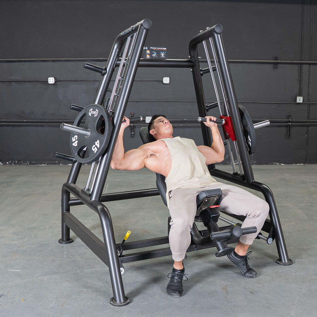 muscle d fitness commercial plate loaded black and maroon handle power leverage v2 convergent bench machine