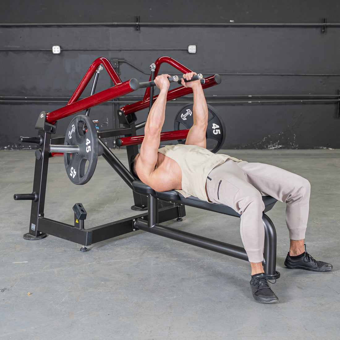 muscle d fitness commercial plate loaded black and maroon power leverage v2 iso lateral horizontal chest press machine 