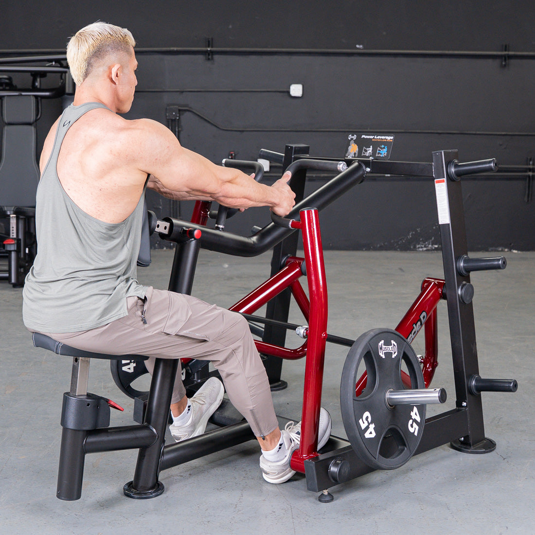 muscle d fitness commercial plate loaded power leverage v2 black and maroon iso-lateral seated row machine