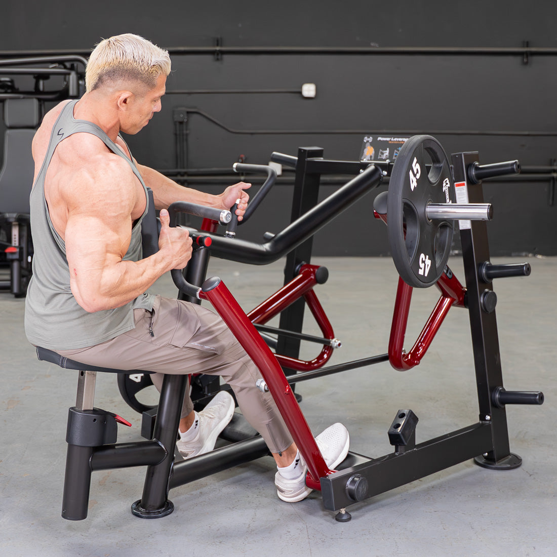 muscle d fitness commercial plate loaded power leverage v2 black and maroon iso-lateral seated row machine
