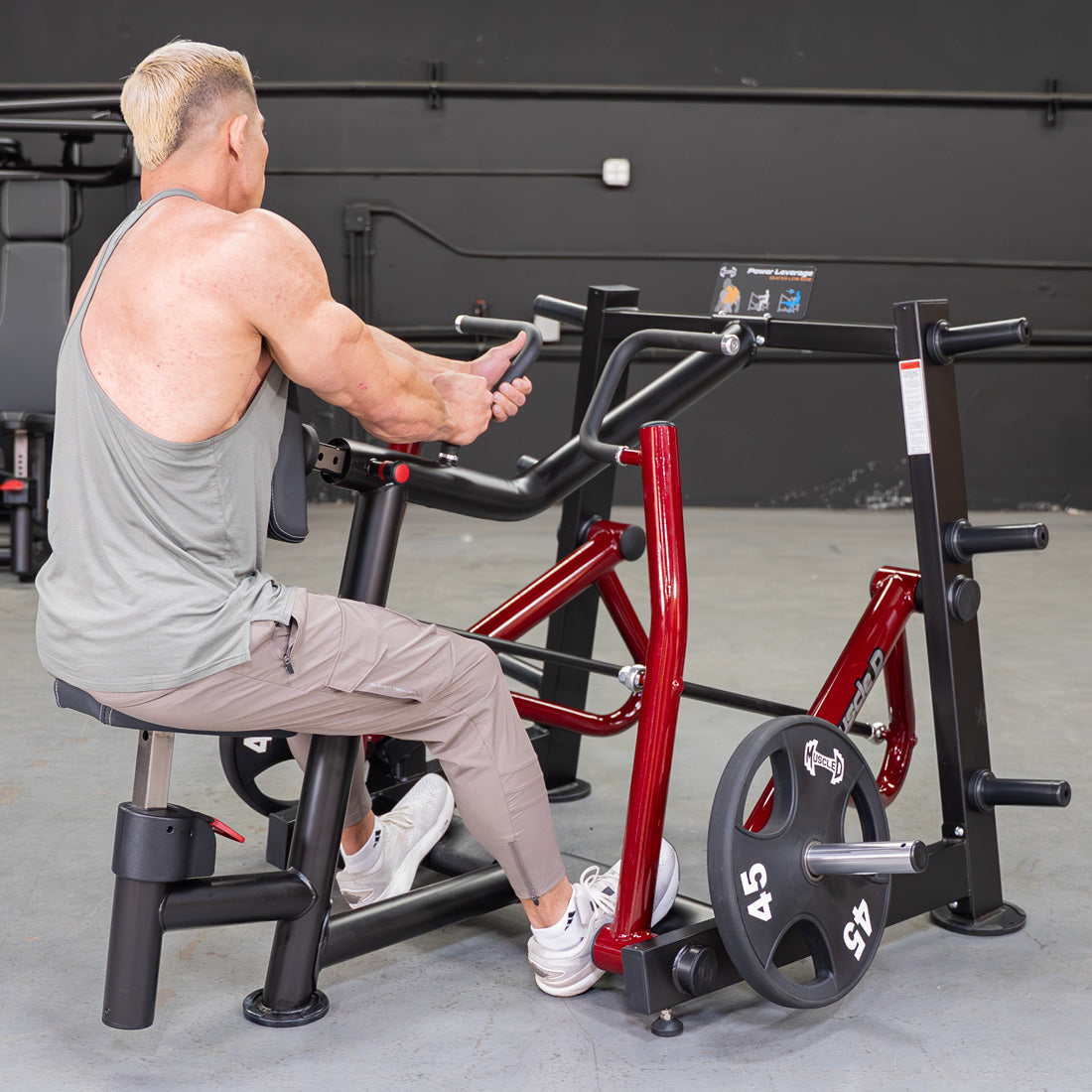 muscle d fitness commercial plate loaded power leverage v2 black and maroon iso-lateral seated row machine