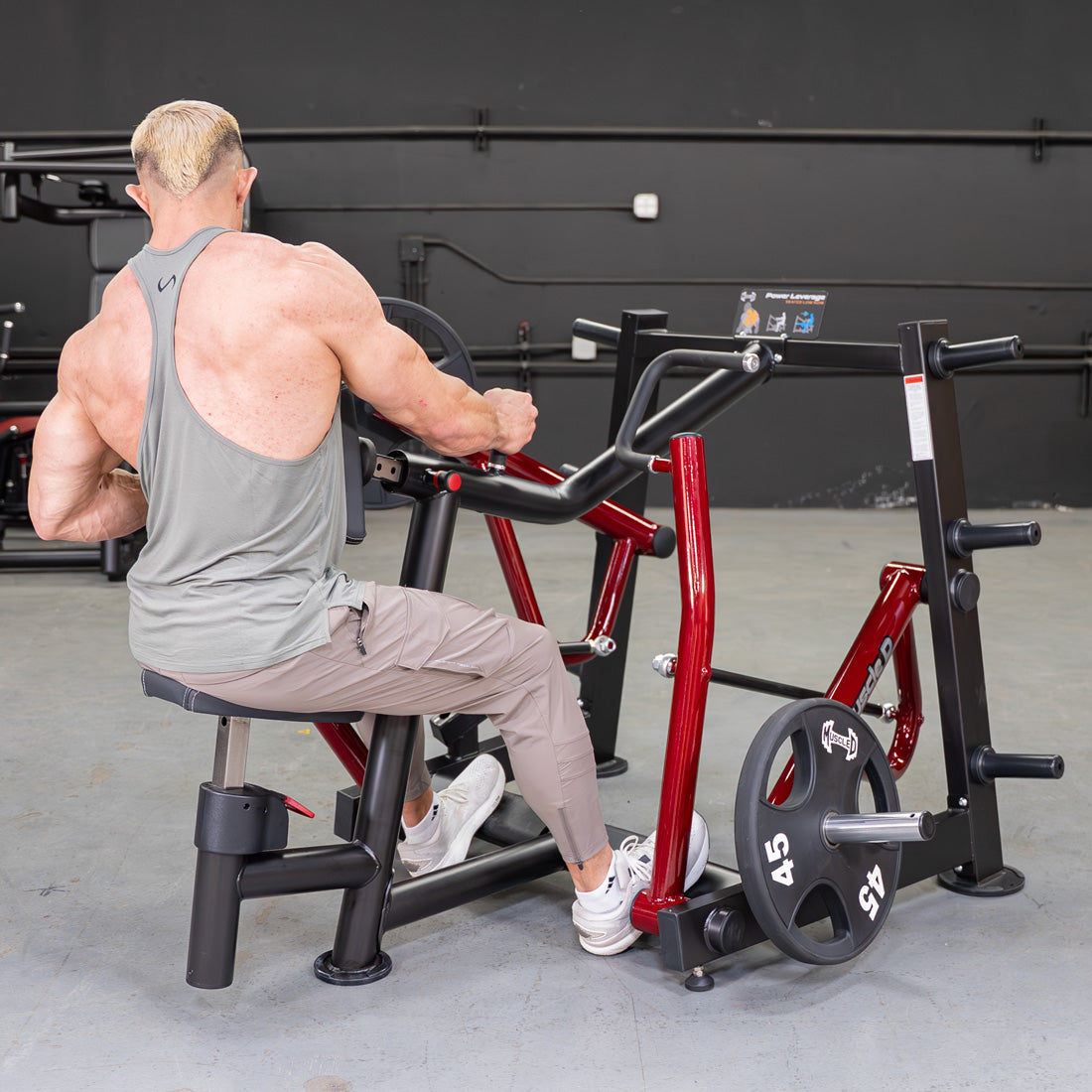muscle d fitness commercial plate loaded power leverage v2 black and maroon iso-lateral seated row machine