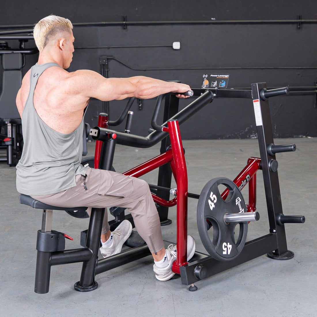 muscle d fitness commercial plate loaded power leverage v2 black and maroon iso-lateral seated row machine