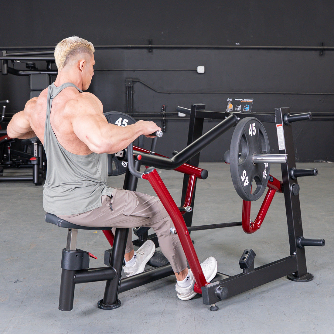 muscle d fitness commercial plate loaded power leverage v2 black and maroon iso-lateral seated row machine