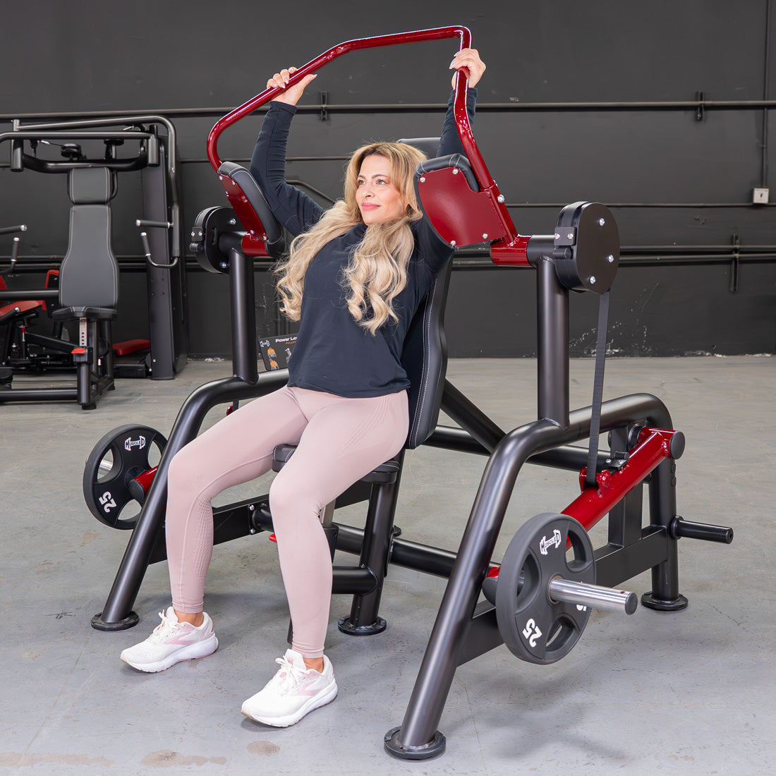 muscle d fitness commercial plate loaded power leverage v2 black and maroon pull-over machine with storage