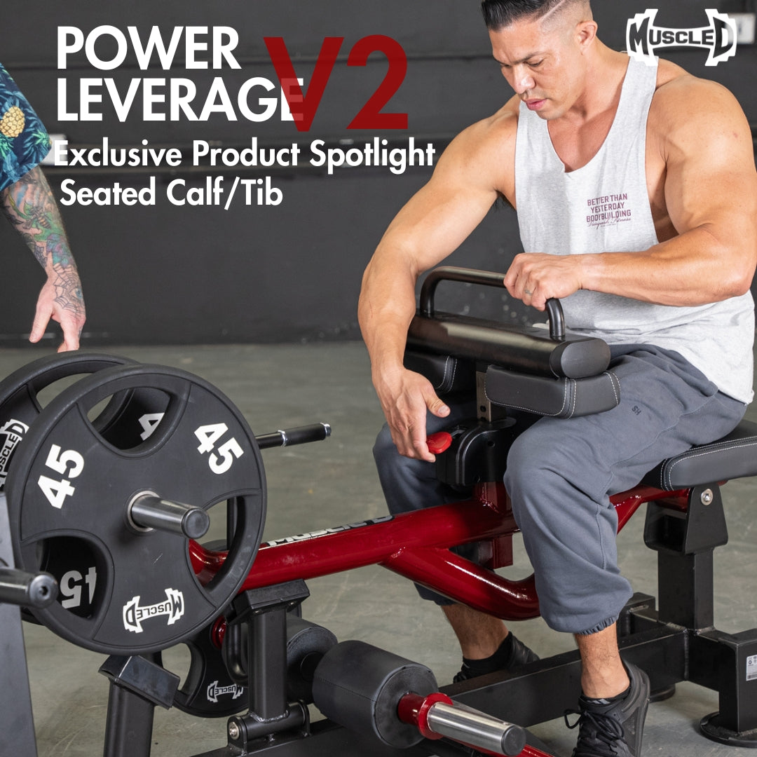 muscle d power leverage v2 product spot light plate black and maroon plate loaded seated calf and tib machine