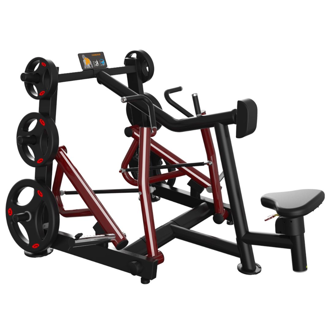 muscle d fitness commercial plate loaded power leverage v2 black and maroon iso-lateral seated row machine with plate storage