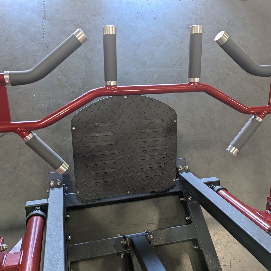 muscle d fitness commercial plate loaded power leverage v2 black and maroon linear bearing row handles and footpad detail