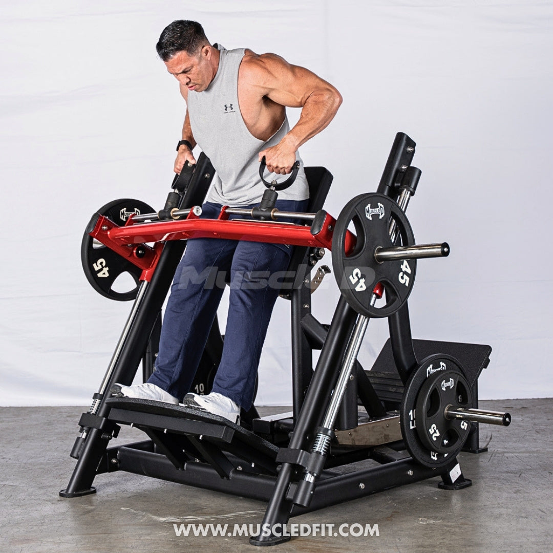 Man using a Pro Strength Convertible Orbital Linear Bearing Row machine by Muscle D FItness in a gym setting.