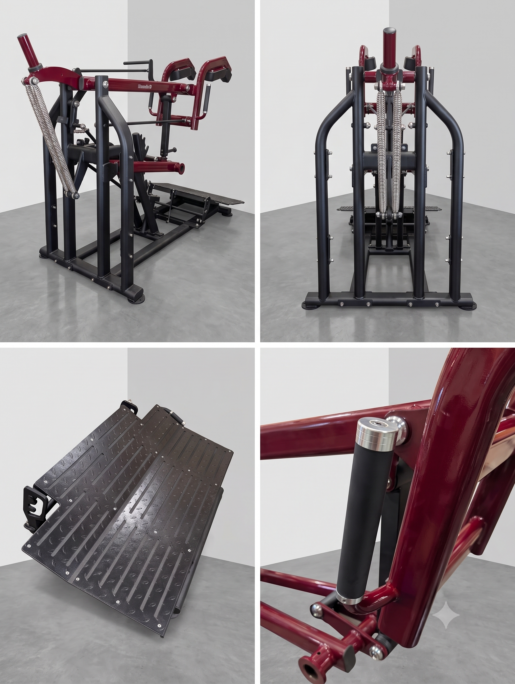 Collage of the Pro Strength Squat Calf Combo from different angles, including a close-up of the foot plate.
