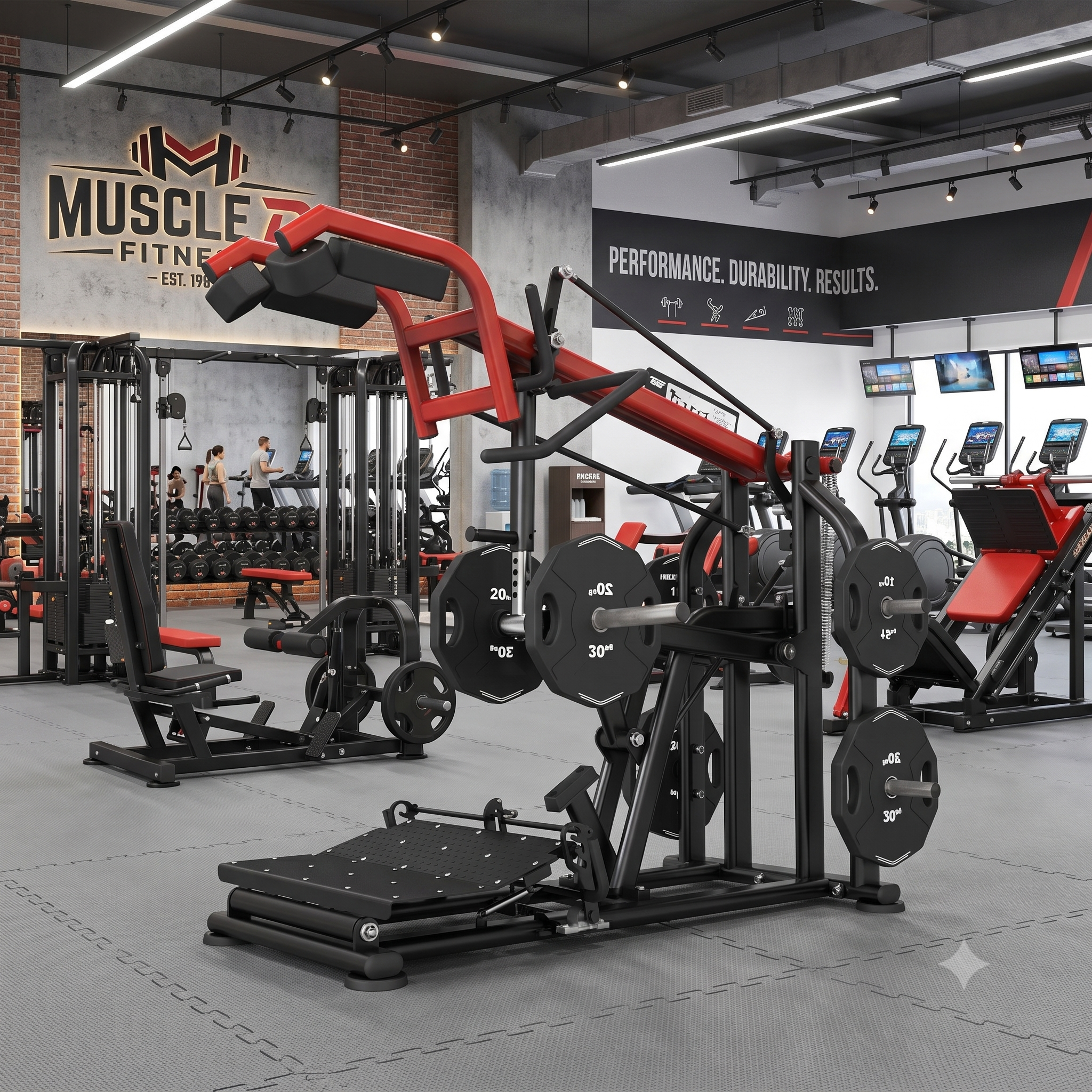 Gym interior with a Pro Strength Squat Calf Combo by Muscle D Fitness.