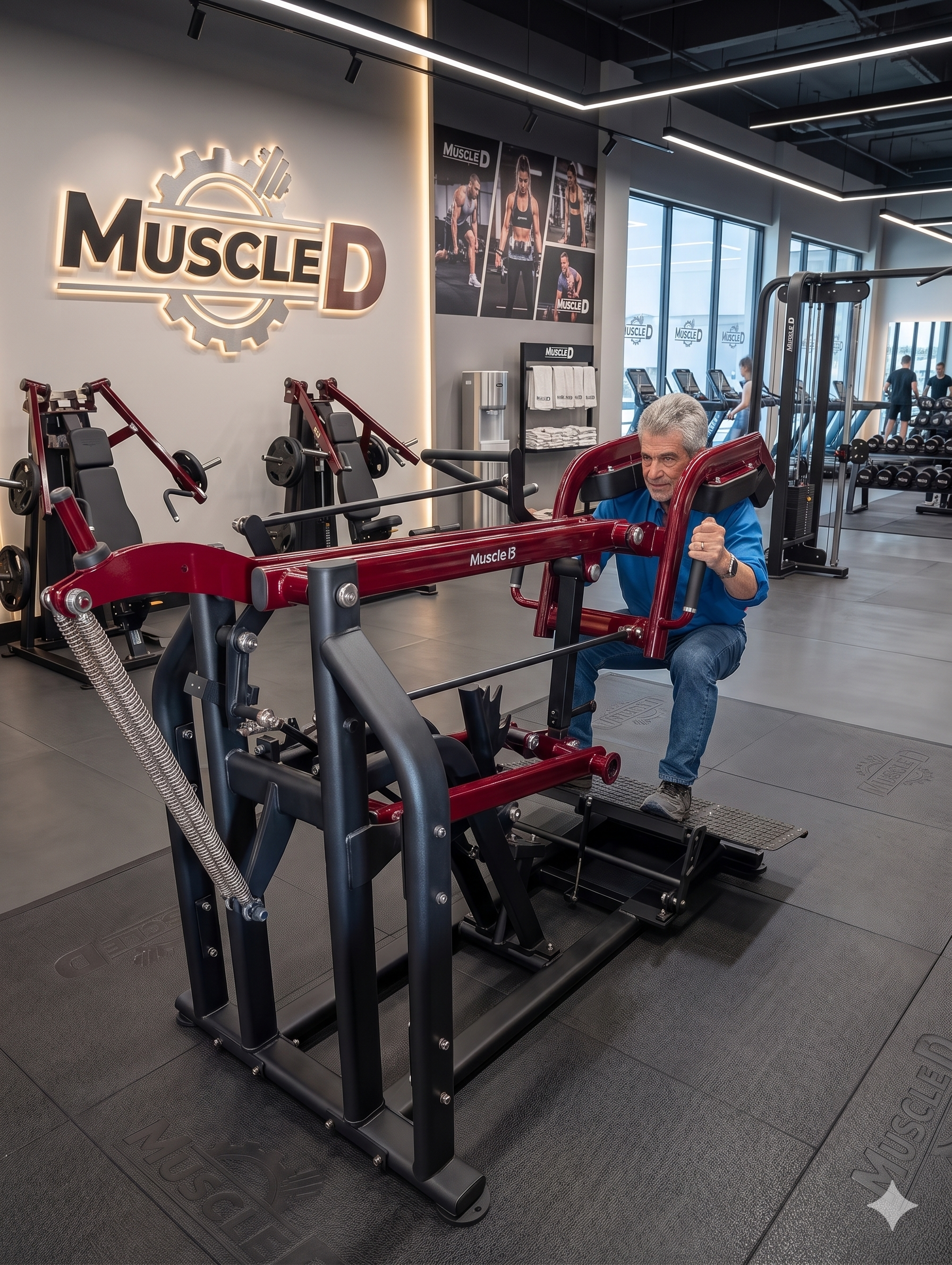 Man using the Pro Strength Squat / Calf Combo in a gym setting by Muscle D Fitness.