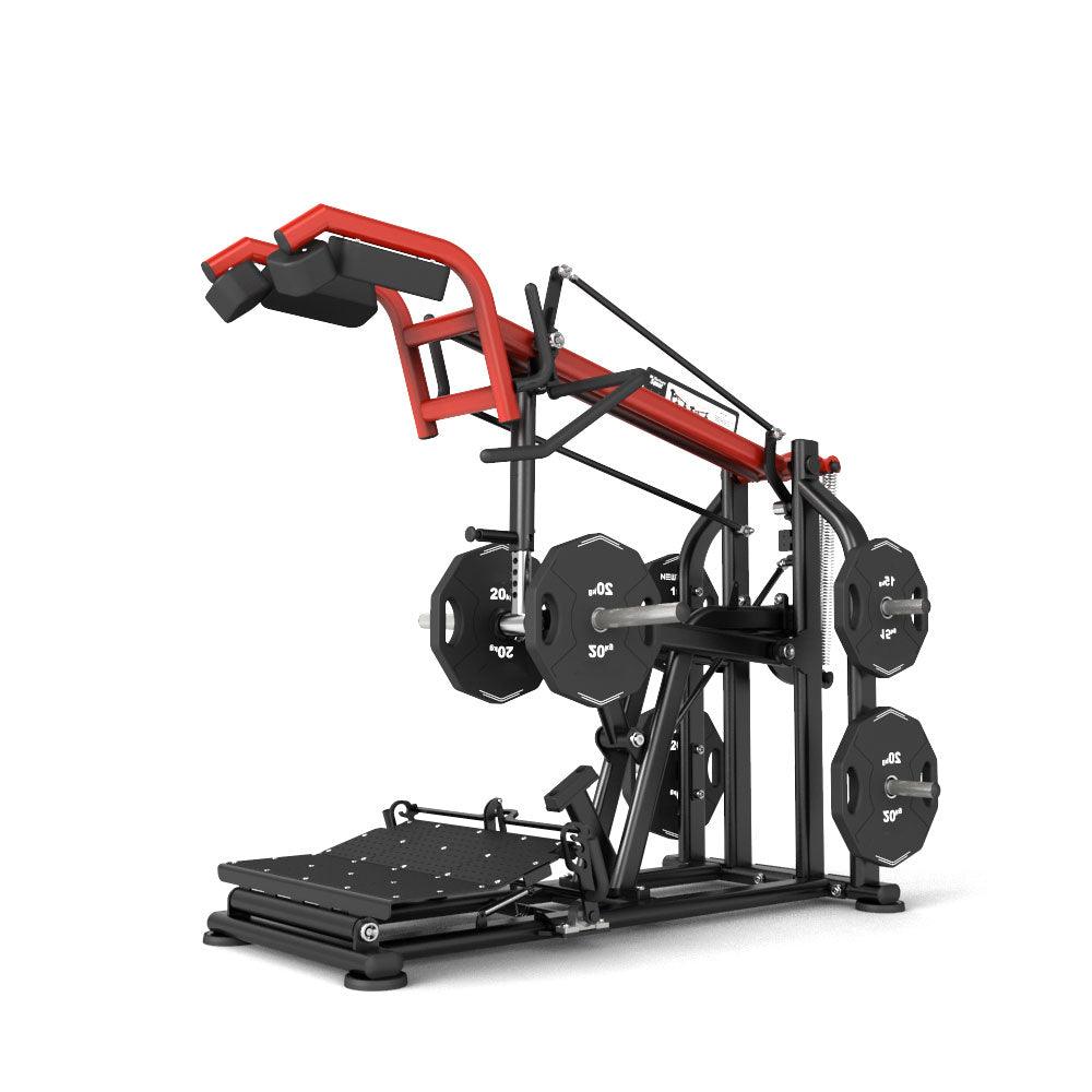 A Pro Strength Squat Calf Combo machine with a black frame, red accents, and an adjustable foot plate, designed for exercises targeting the lower body, including squats and calf raises.