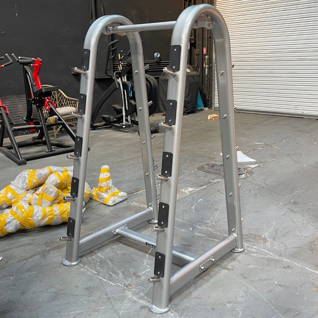 silver barbell rack that can hold ten barbells