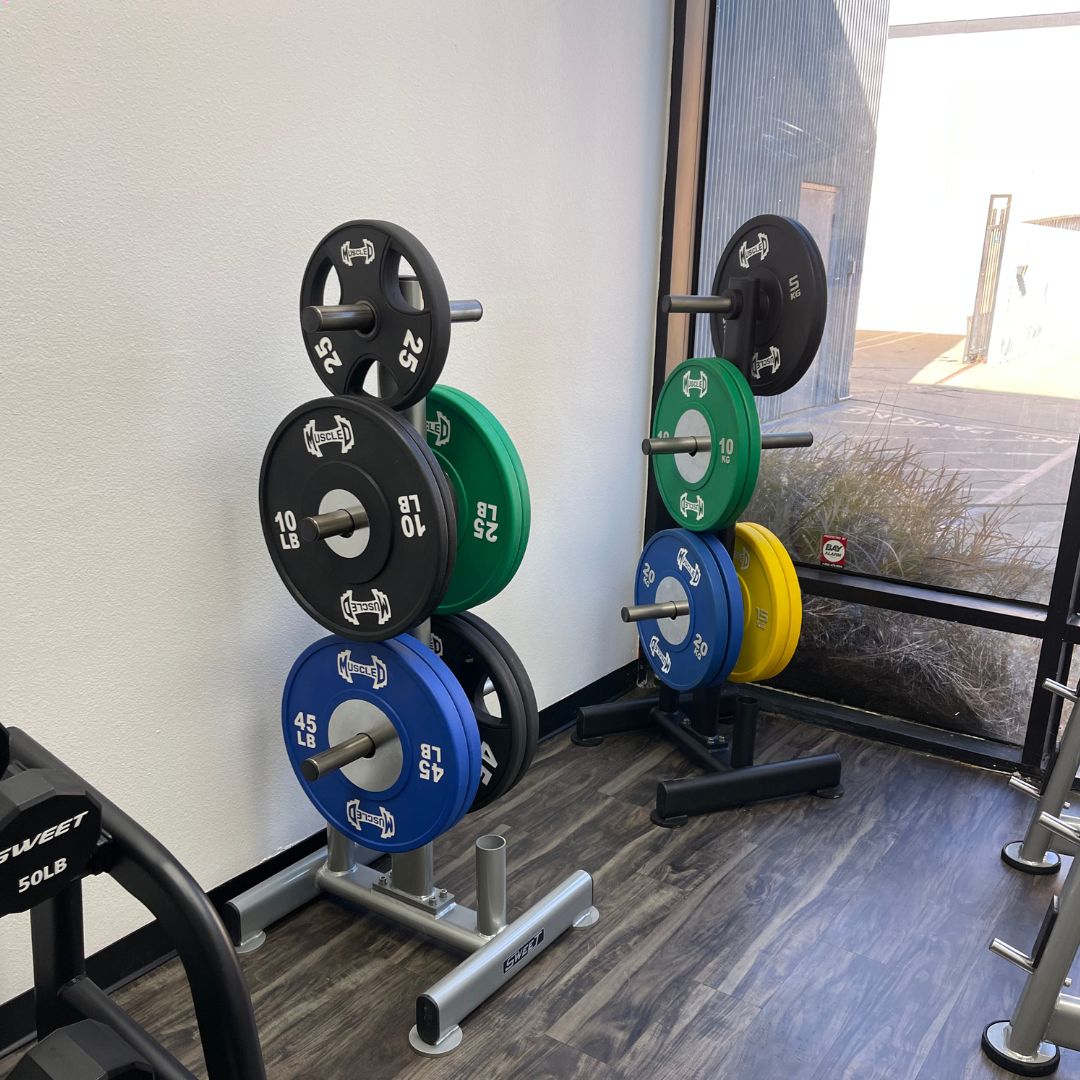 black or silver olympic plate tree with six weight horns and 2 barbell holder