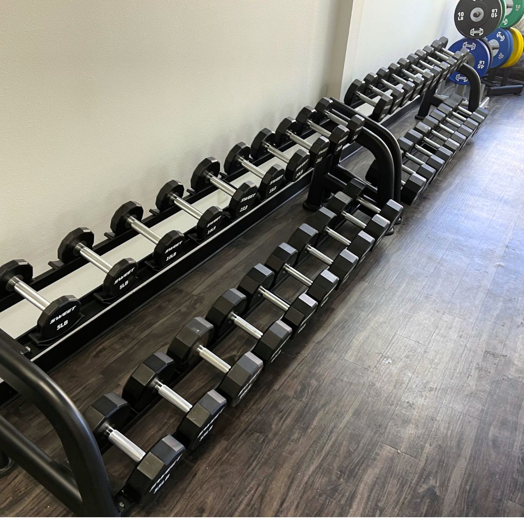 black dumbbell set five to a hundred pounds sets includes twenty pairs of dumbbells on two ten pairs dumbbell rack that is sold separately