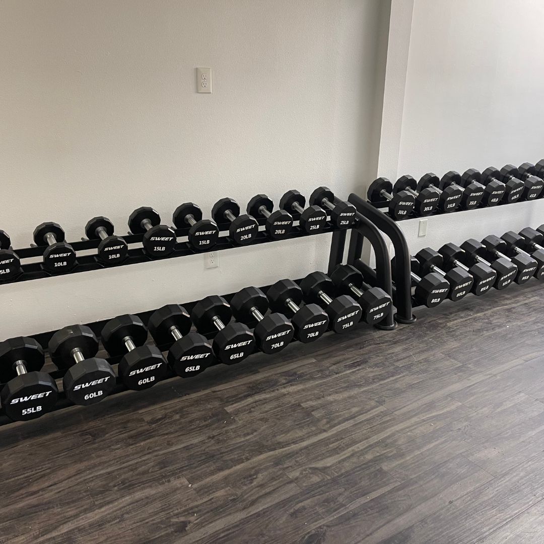 black dumbbell set five to a hundred pounds sets includes twenty pairs of dumbbells on two ten pairs dumbbell rack that is sold separately