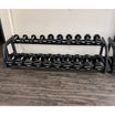 black dumbbell set five to a hundred pounds sets includes twenty pairs of dumbbells on two ten pairs dumbbell rack that is sold separately