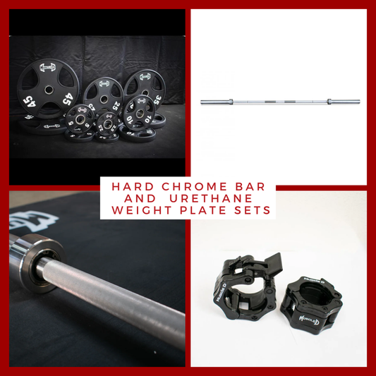 Hard Chrome Olympic Bar and Olympic Urethane Weight Plate Sets