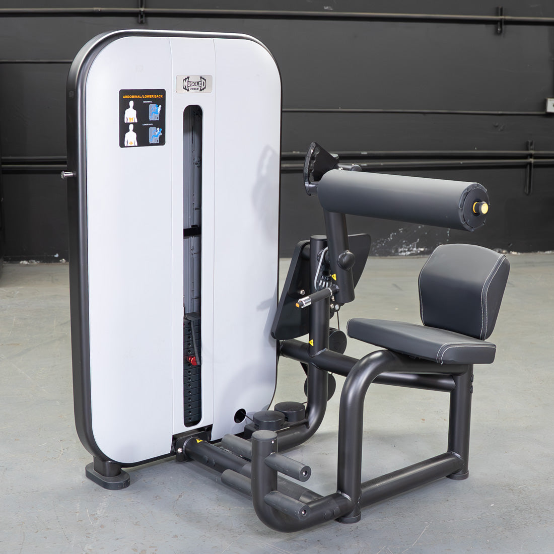 muscle d fitness commercial selectorized vogue black and light grey ab/back combo machine