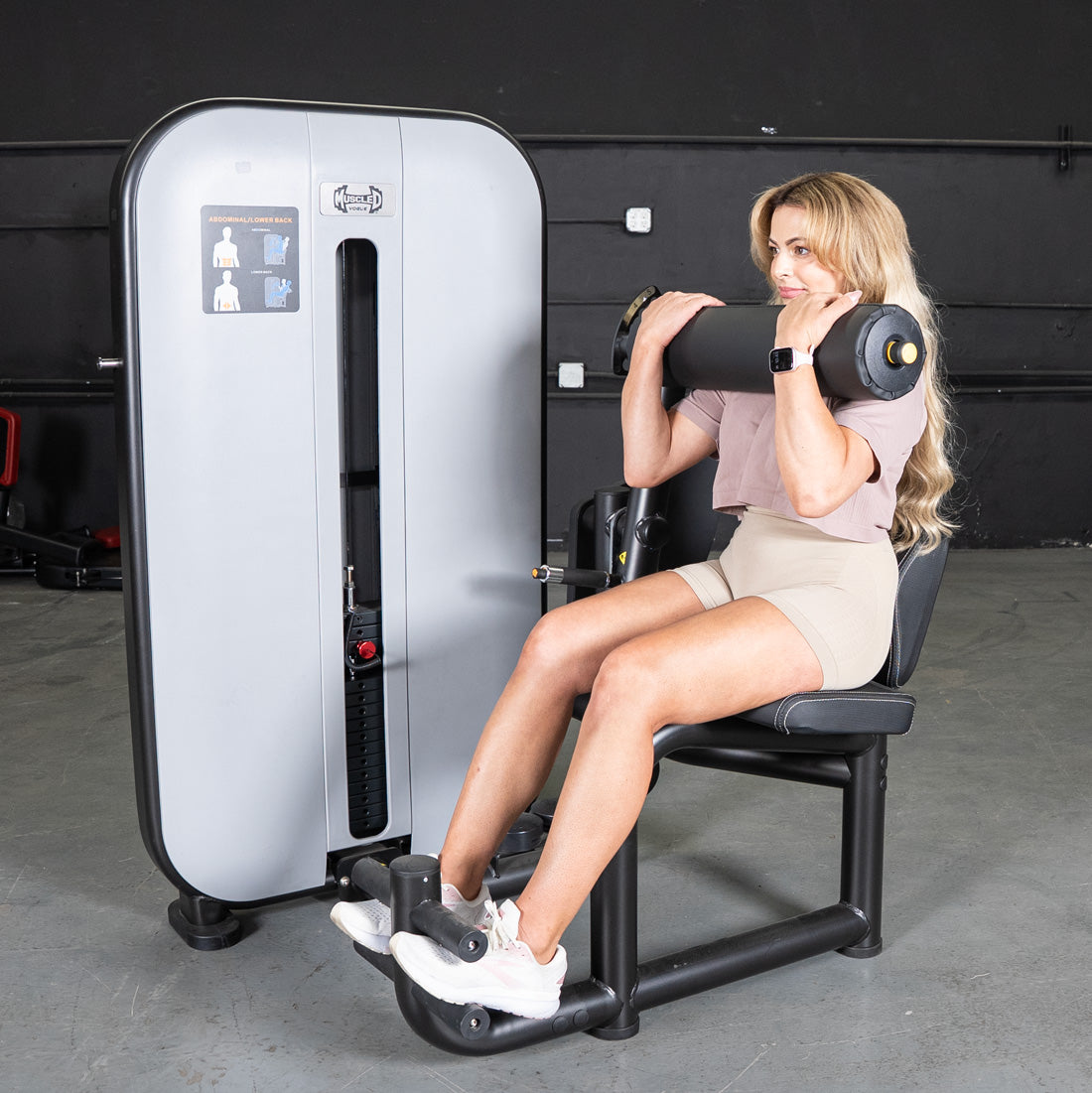 muscle d fitness commercial selectorized black and light grey vogue ab/back combo machine