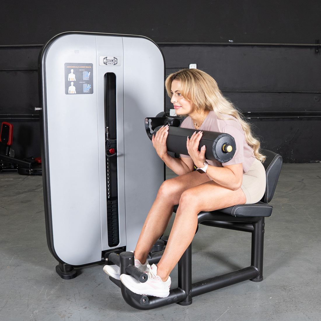 muscle d fitness commercial selectorized black and light grey vogue ab/back combo machine