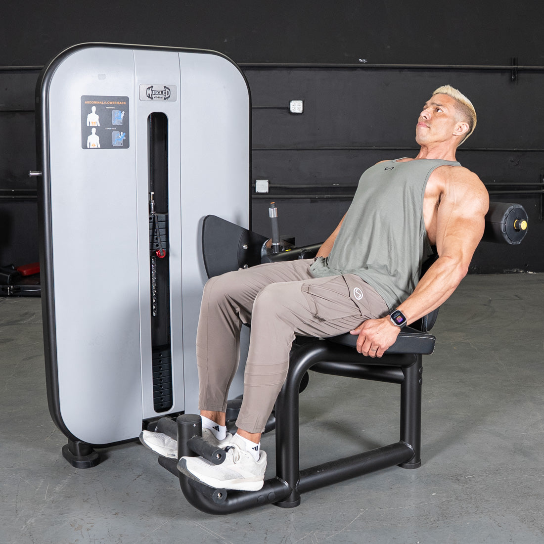 muscle d fitness commercial selectorized black and light grey vogue ab/back combo machine