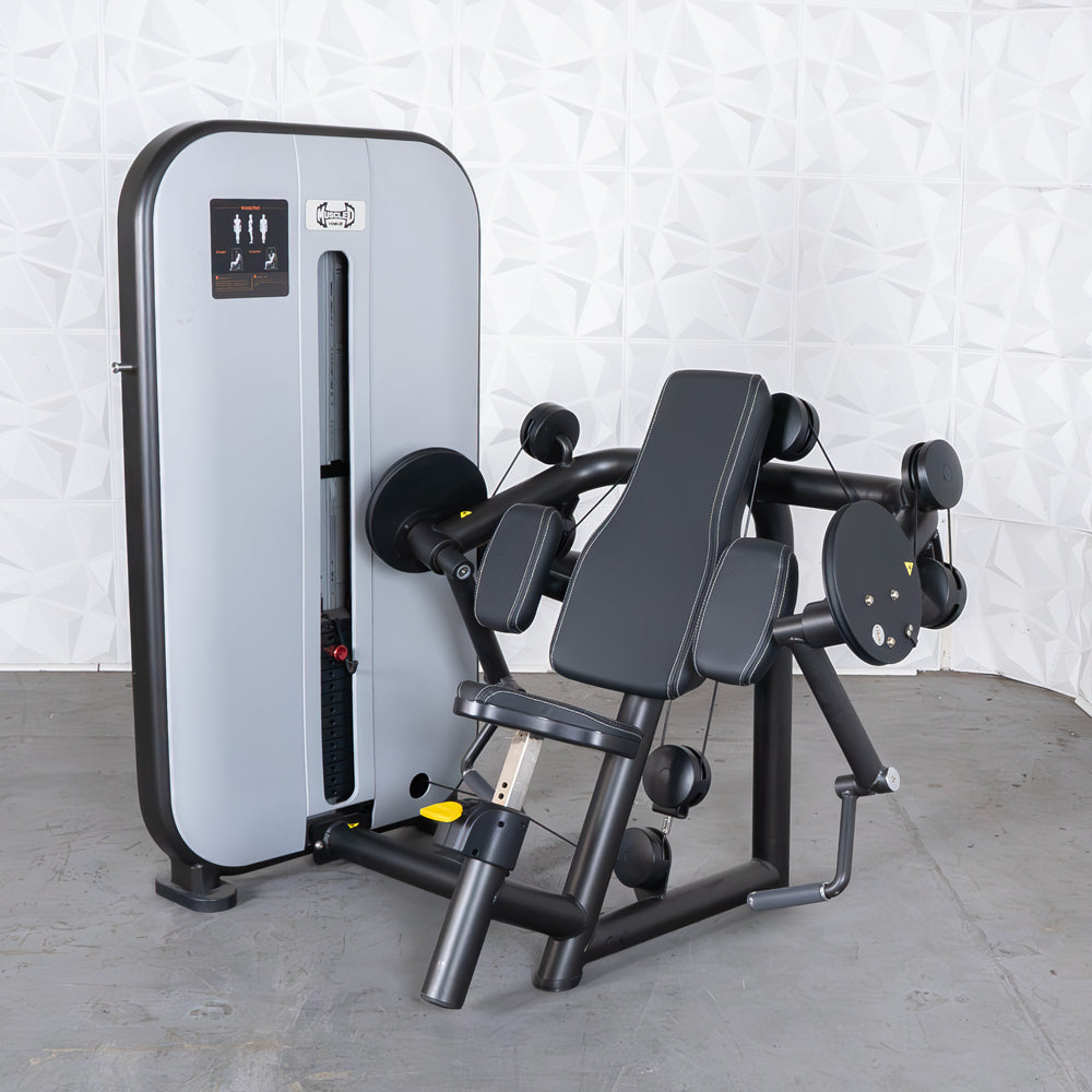 commercial grade black and white selectorized biceps curl machine