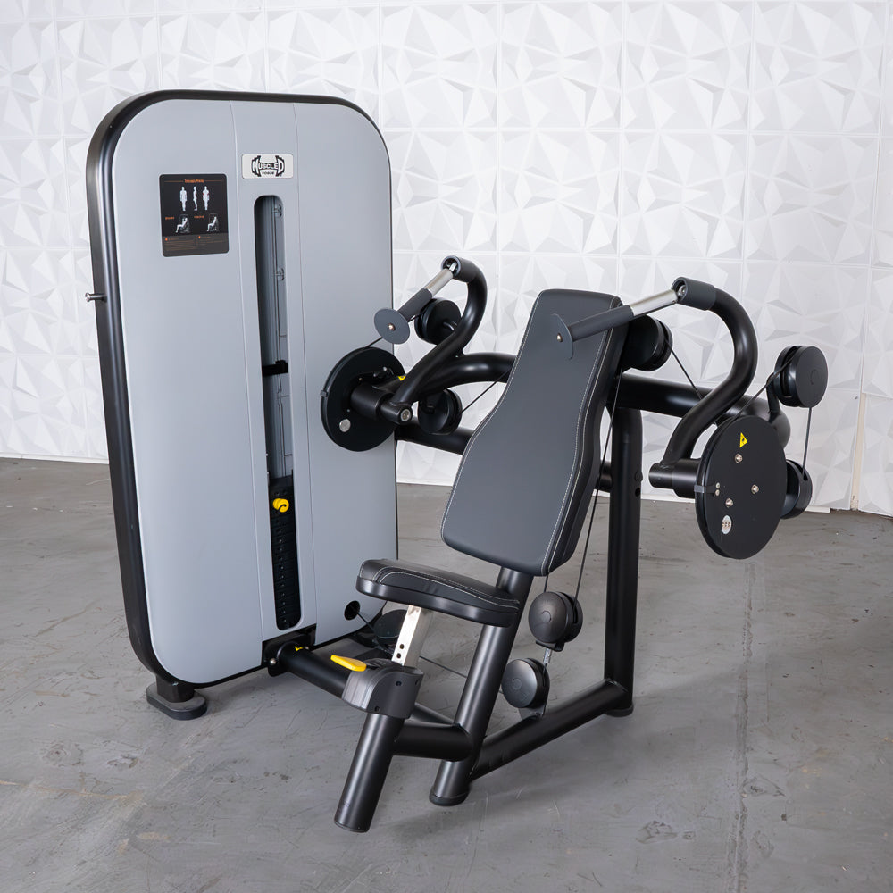 commercial grade black and white selectorized triceps extension machine