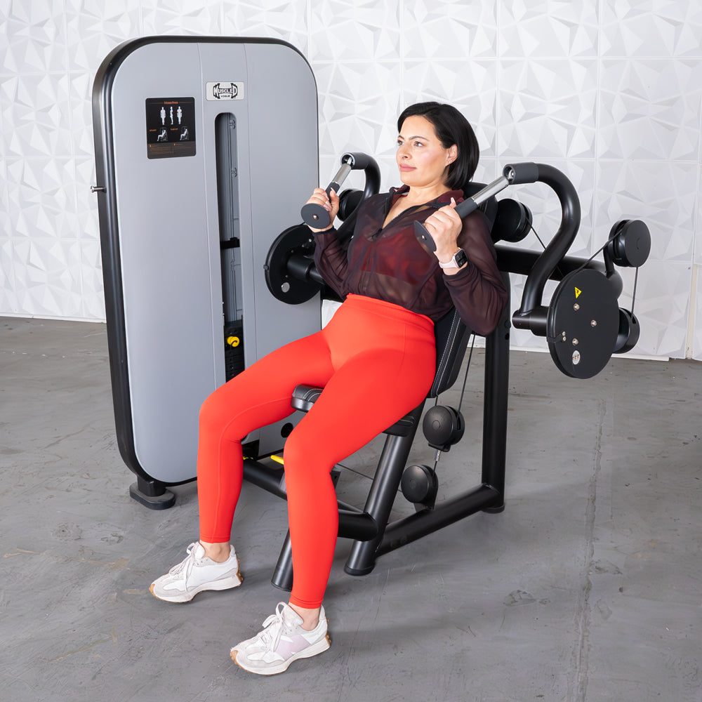 commercial grade black and white selectorized triceps extension machine