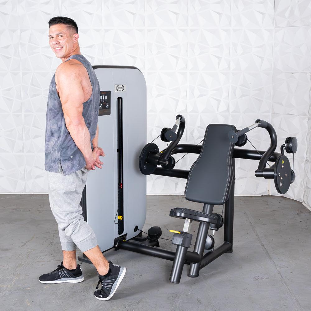 commercial grade black and white selectorized triceps extension machine