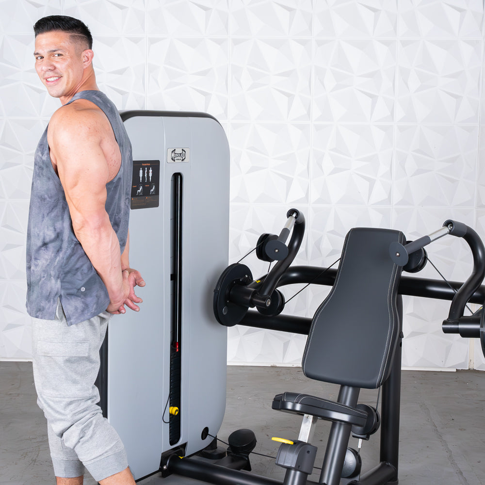 commercial grade black and white selectorized triceps extension machine