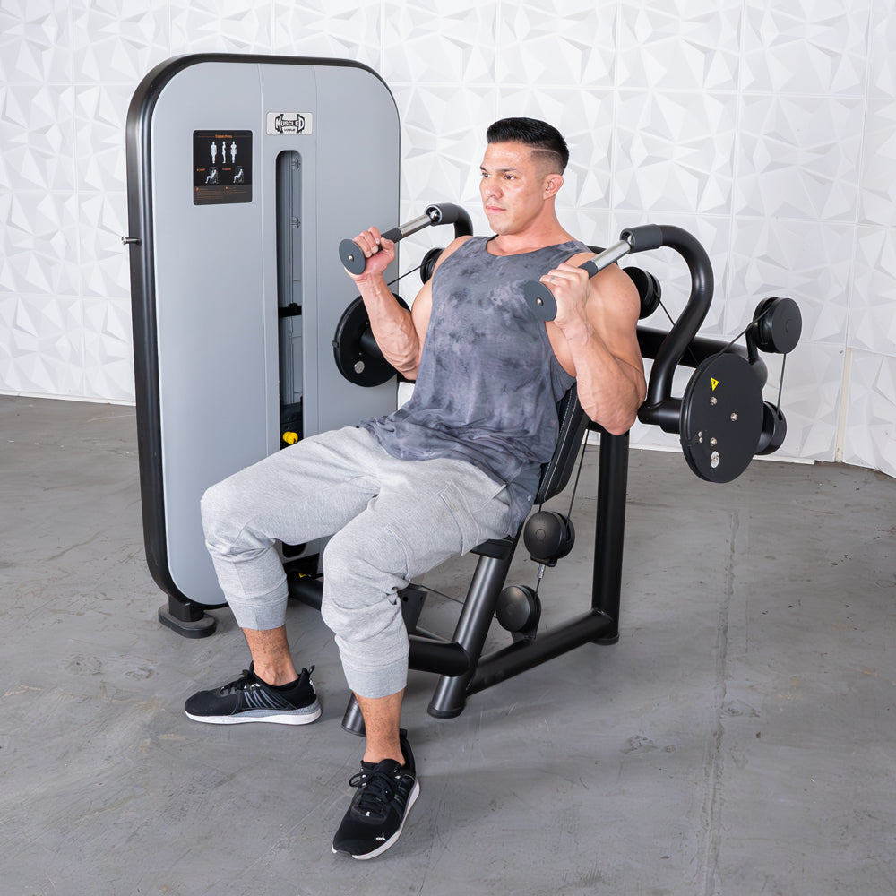 commercial grade black and white selectorized triceps extension machine