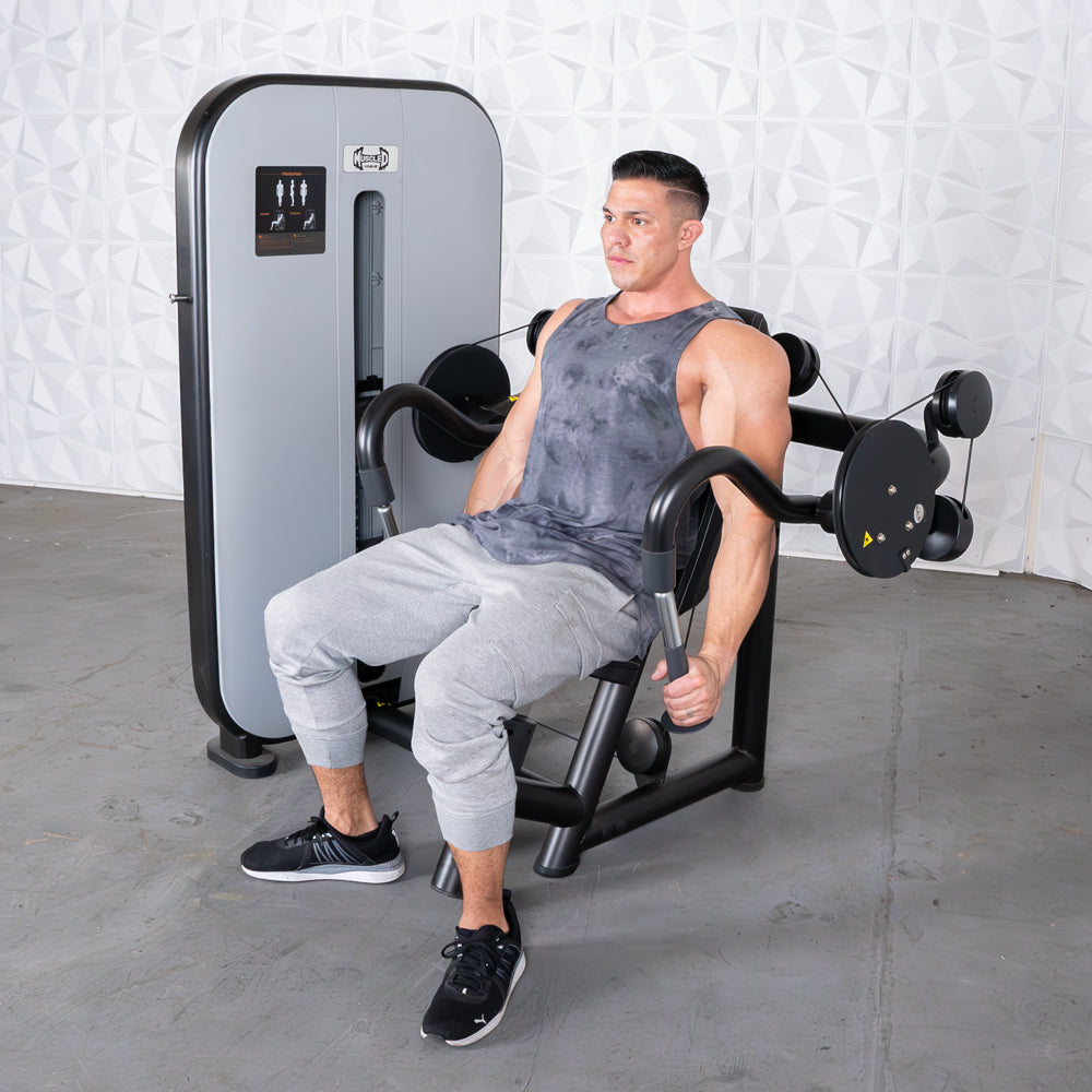 commercial grade black and white selectorized triceps extension machine