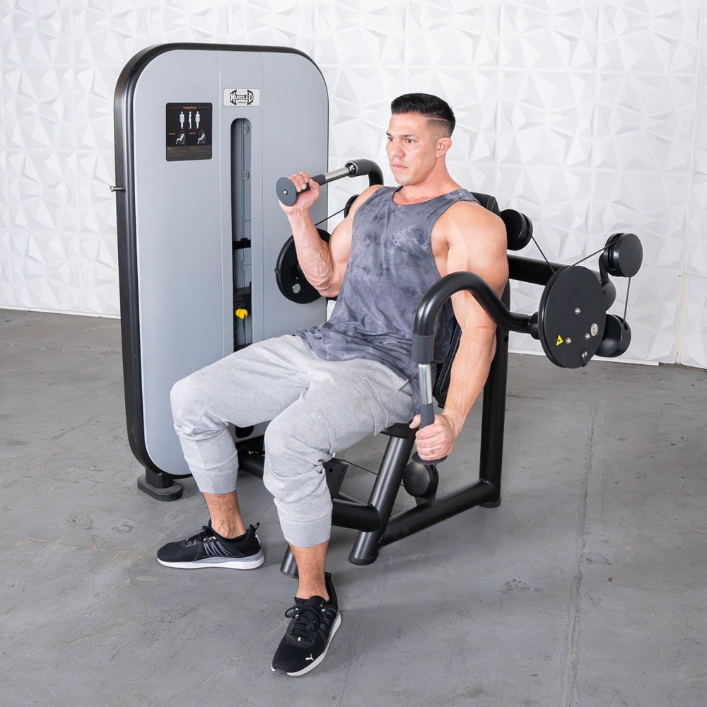 commercial grade black and white selectorized triceps extension machine