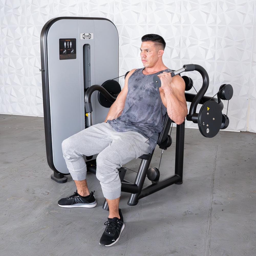 commercial grade black and white selectorized triceps extension machine