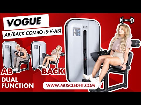muscle d fitness commercial selectorized black and light grey vogue ab/back combo machine model demonstration video