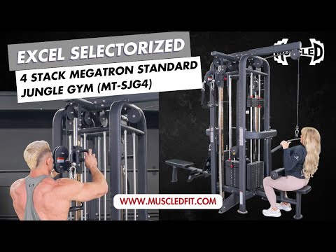 muscle d fitness excel selectorized 4 stack standard jungle gym in black model demonstration video