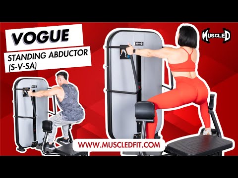 black and white commercial selectorized standing abductor machine product demonstration video